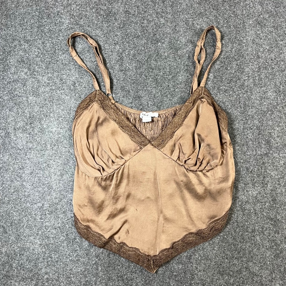 Subdued Brown Satin Lace Trim Handkerchief Hem Camisole Smocked Back Top‎ Small